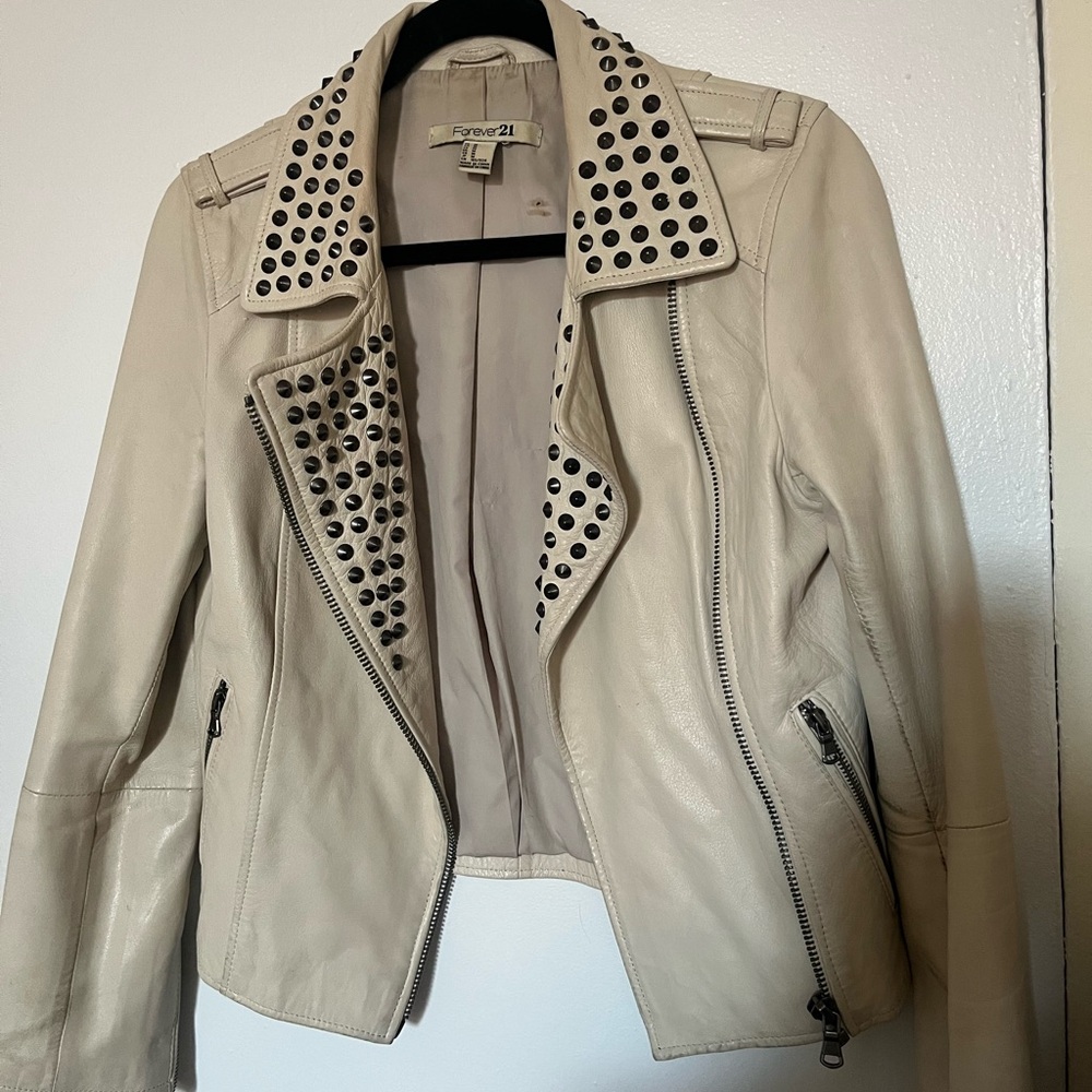 Forever 21 Cream Studded Lamb Leather Jacket